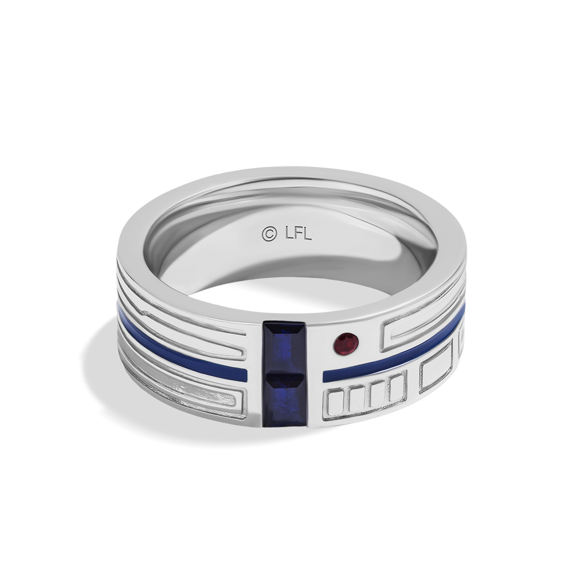 Star Wars™ R2-D2 Garnet and Created Blue Sapphire Men's Ring Sterling