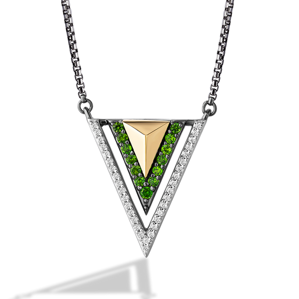 LIGHT X DARK WOMEN'S NECKLACE                                   1/10 CT.TW. White Diamonds and chrome diopside Silver and 10K Yellow Gold