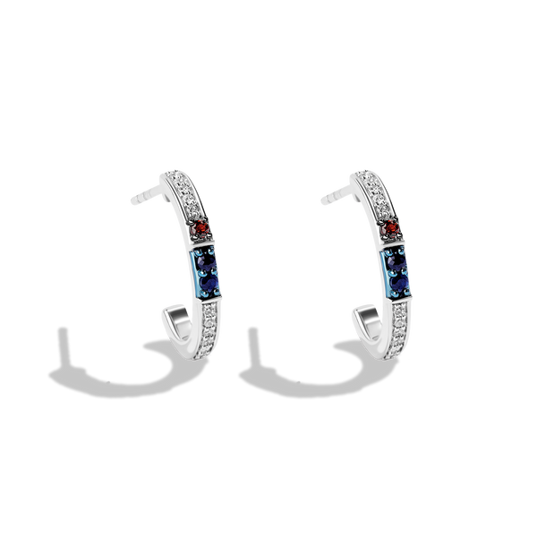 R2 SERIES WOMEN'S EARRINGS with 1/8 CT.TW. White Diamonds, Blue Sapphire and Garnet in Sterling Silver