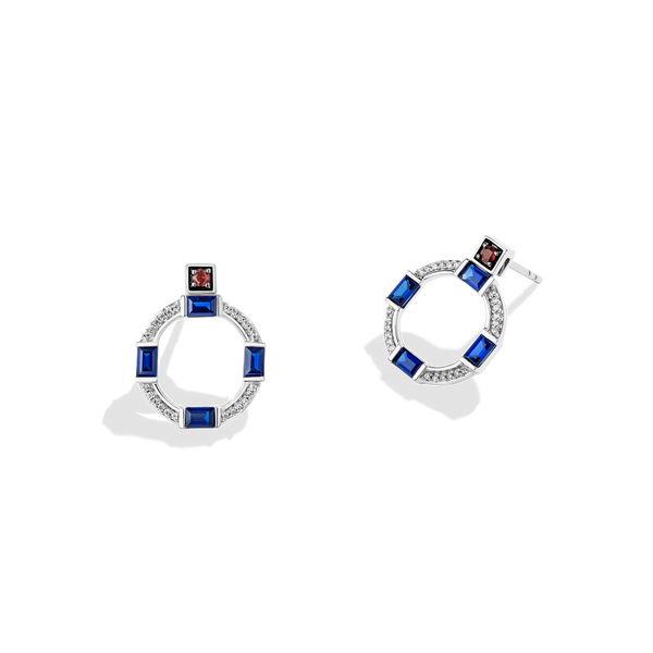 R2 SERIES WOMEN'S EARRING Sterling Silver, 1/8 CT.TW. White Diamonds Garnet and Created Blue Sapphire