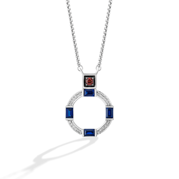 R2 SERIES WOMEN'S PENDANT Sterling Silver, 1/20 CT.TW. White Diamonds Garnet and Created Blue Sapphire