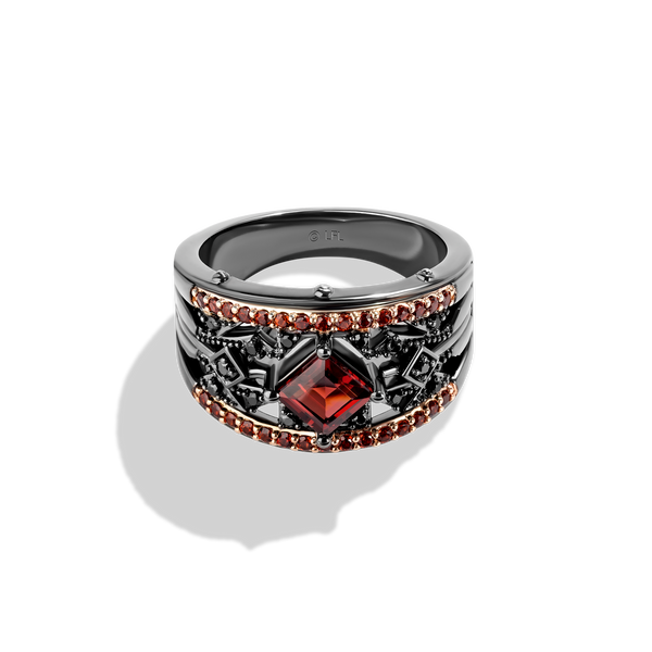 DARTH MAUL™ WOMEN'S RING 1/10 CT.TW. Black Diamonds with Garnet , 14K Rose Gold Over Sterling Silver with Black Rhodium