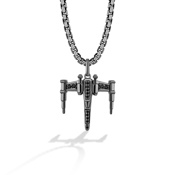 X-Wing™ Men's Pendant with Black Onyx and 1/20 CT.TW. Black Diamonds in Black Rhodium over Sterling Silver