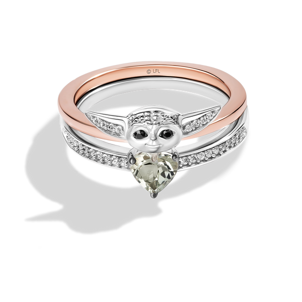 GROGU™ Women's Ring with Heart Green Amethyst, and 1/10 CT.TW. Diamonds in 14K Rose Gold over Sterling Silver