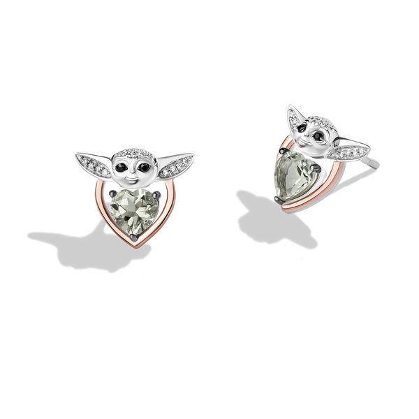 GROGU™ Women's Earrings with Heart Green Amethyst, and 1/20 CT.TW. Diamonds in 14K Rose Gold over Sterling Silver