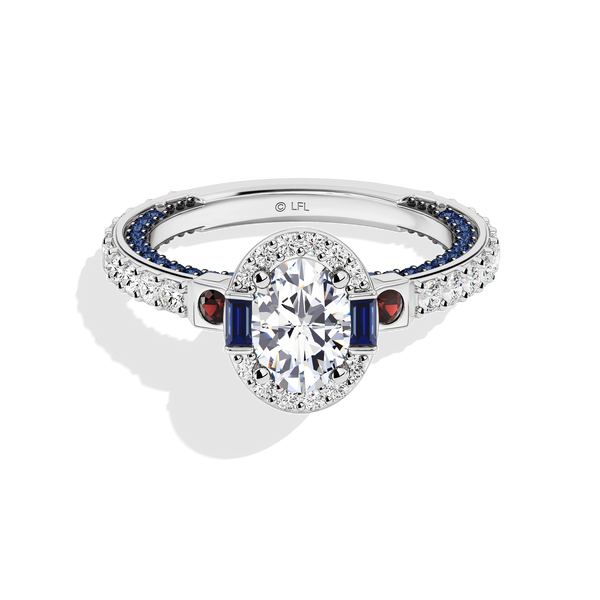 Women's Galaxy Star Engagement Ring with Blue Sapphire, Garnet and Lab Grown Diamonds set in 14K White Gold