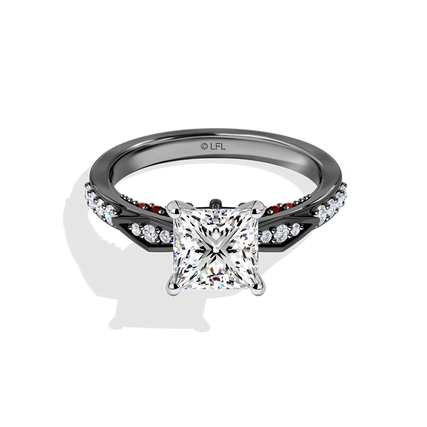Women's Galaxy Star Engagement Ring with Black Diamonds, Garnet and Lab Grown Diamonds set in 14K White Gold and Black Rhodium