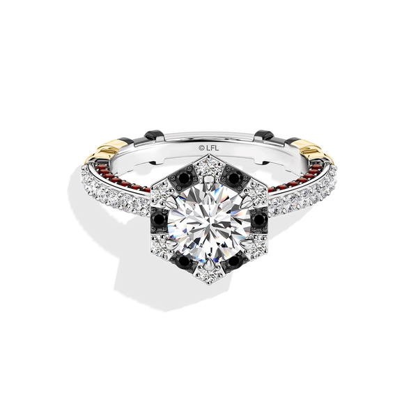 Women's Galaxy Star Engagement Ring with Black Spinel, Garnet and Lab Grown Diamonds set in 14K Gold and Black Rhodium