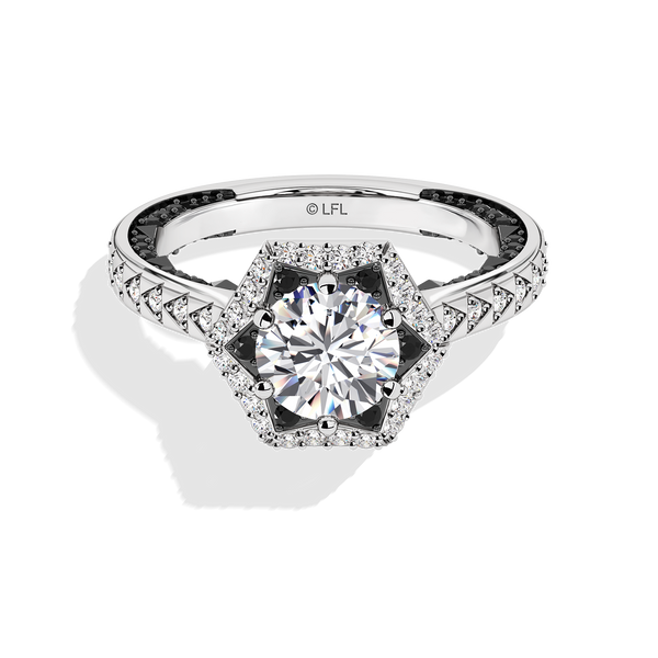 Women's Galaxy Star Engagement Ring with Black Spinel, Garnet and Lab Grown Diamonds set in 14K White Gold and Black Rhodium