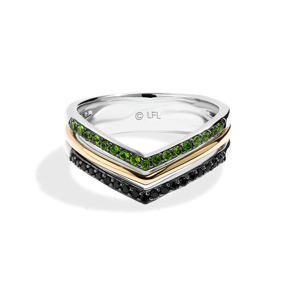 LIGHT X DARK WOMEN'S RING                                   1/6 CT.TW. Black Diamonds and chrome diopside Silver and 10K Yellow Gold