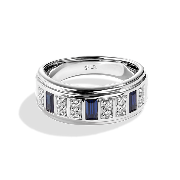 R2 SERIES MEN'S BAND 1/5 CT.TW. White Diamonds and Blue Sapphire 14K White Gold
