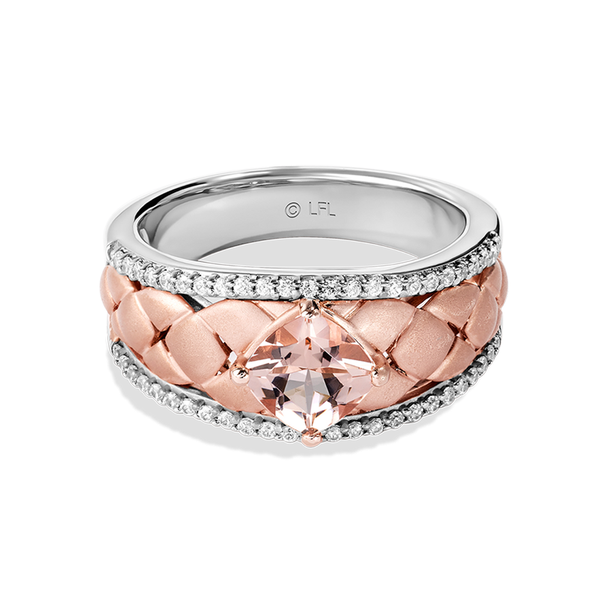 GALACTIC ROYALTY WOMEN'S RING 1/5 White Diamonds and Morganite True Two Tone Silver and 10K Rose Gold