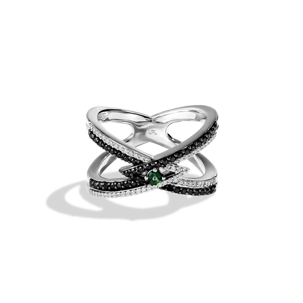 LIGHT X DARK WOMEN'S RING, 1/2 CT.TW. Black and White Diamonds Green Diopside Accent Silver and Black Rhodium