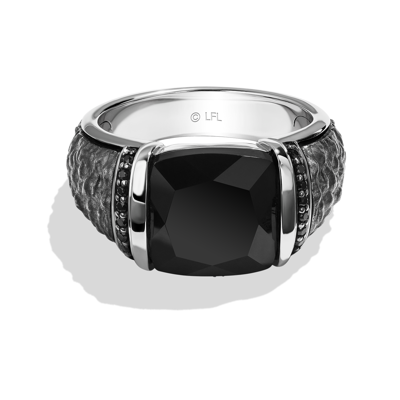 IN CARBONITE MEN'S RING 1/6 Black Diamonds and Black Onyx Silver and Black Rhodium