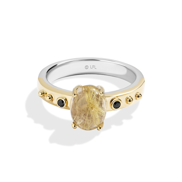Tusken Raider™レディースリングブラックダイヤモンドアクセント、黄色いルチルクォーツ、スターリングシルバー、10Kイエローゴールド
