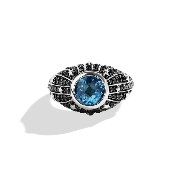 KYBER CRYSTAL RADIANCE WOMEN'S RING 1 CT.TW. Black Diamonds and Swiss Blue Topaz, Sterling Silver with Black Rhodium