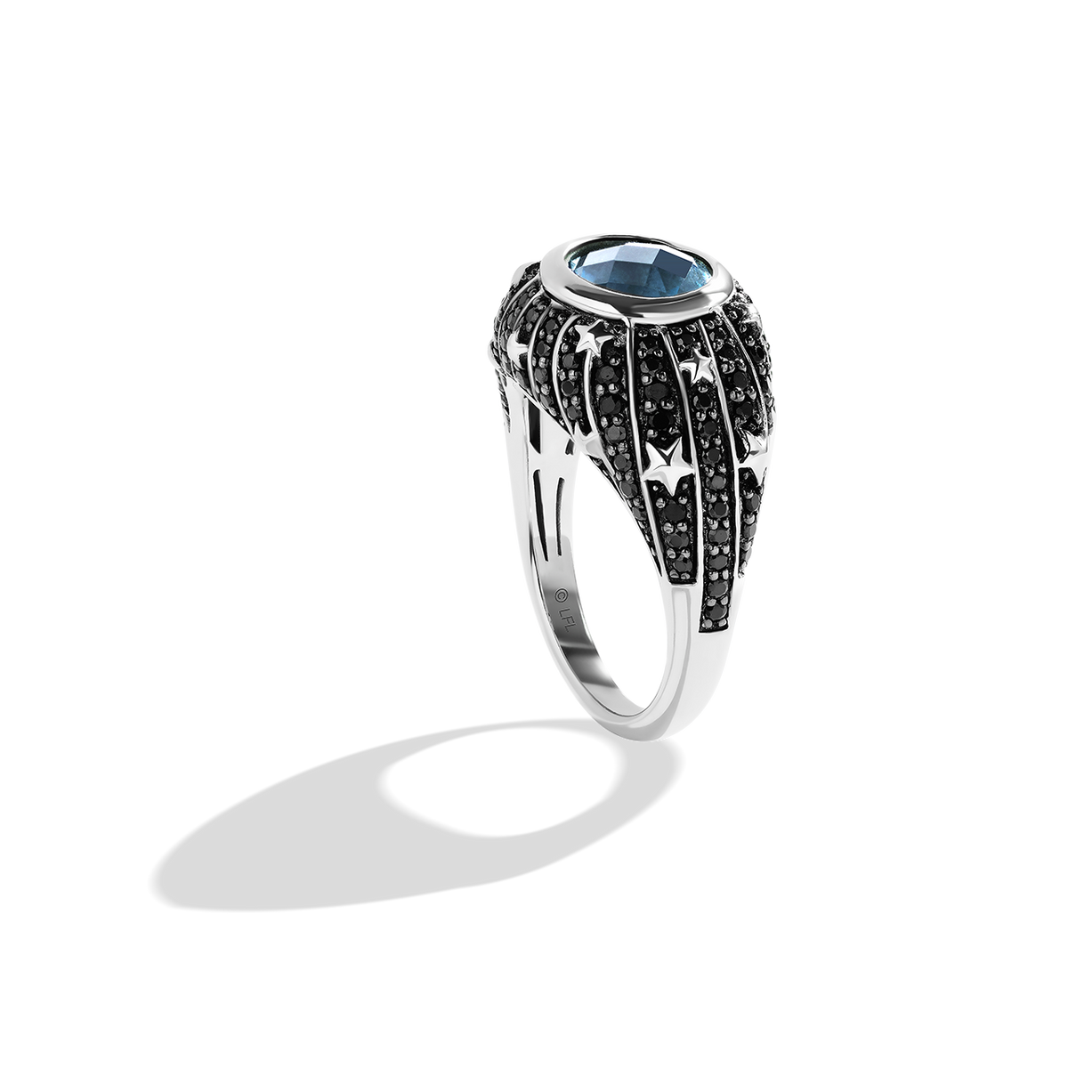 Star Wars Into The Galaxy Kyber Crystal Black Diamonds Swiss Blue Topaz Women s Ring Sterling Silver with Black Rhodium 1 CTTW Star Wars Fine