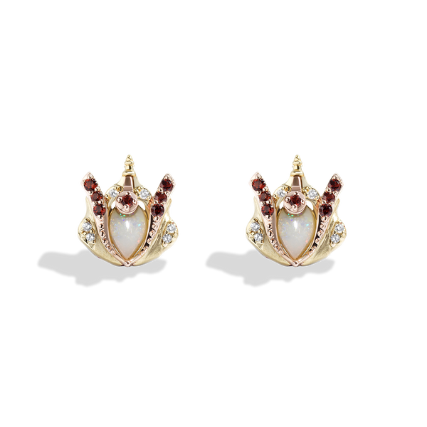 QUEEN AMIDALA™ EARRINGS IN STERLING SILVER, 10K YELLOW AND ROSE GOLD with 1/20 CT.TW. Diamonds and Australian Opal, Garnet