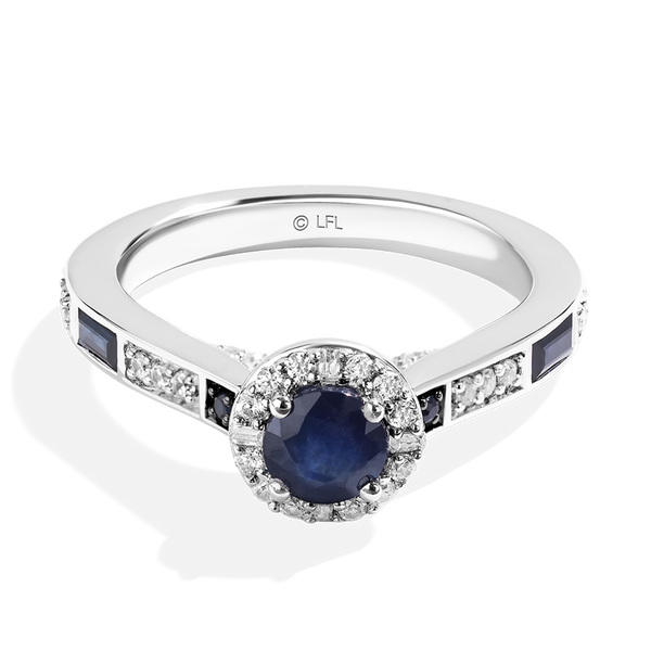R2-D2™ 14K WHITE GOLD HALO ENGAGEMENT RING with Blue Sapphire Round Center Stone and 1/4 CT.TW. Diamonds, Garnet, Blue Sapphire