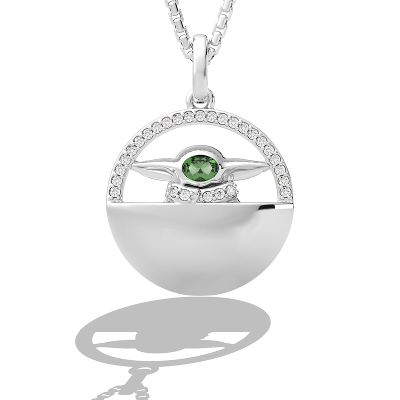 Star Wars™ The Child Diamonds & Green Tourmaline Women's Necklace Pendant in Sterling Silver 1/8 CTTW View 1